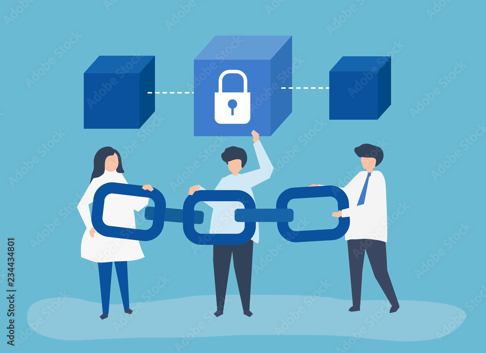 Security concept illustration of people holding a chain Security concept illustration of people holding a chain