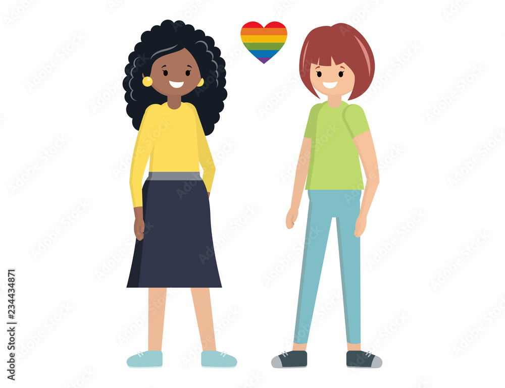 Gay couple. African female. Lesbian. Flat style vector illustration. Homosexual spouses. LGBT community people.