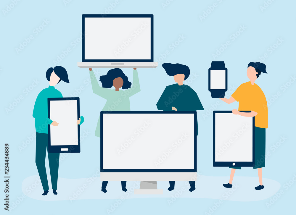 Character illustration of people with different digital devices Character illustration of people with different digital devices