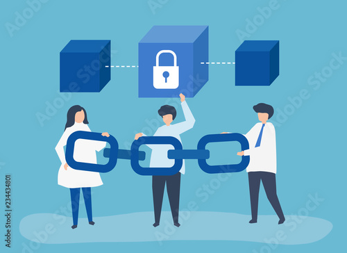 Security concept illustration of people holding a chain