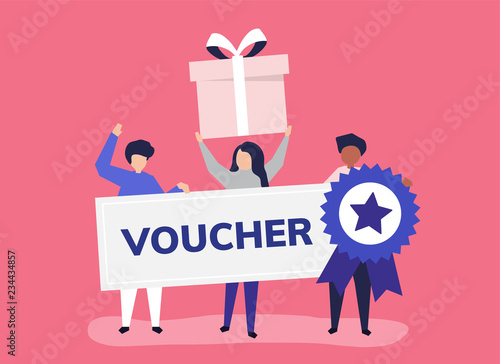 Character illustration of people holding voucher icons