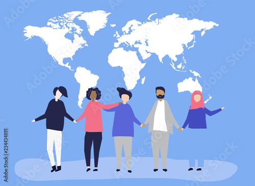 Character illustration of people with a world map illustration