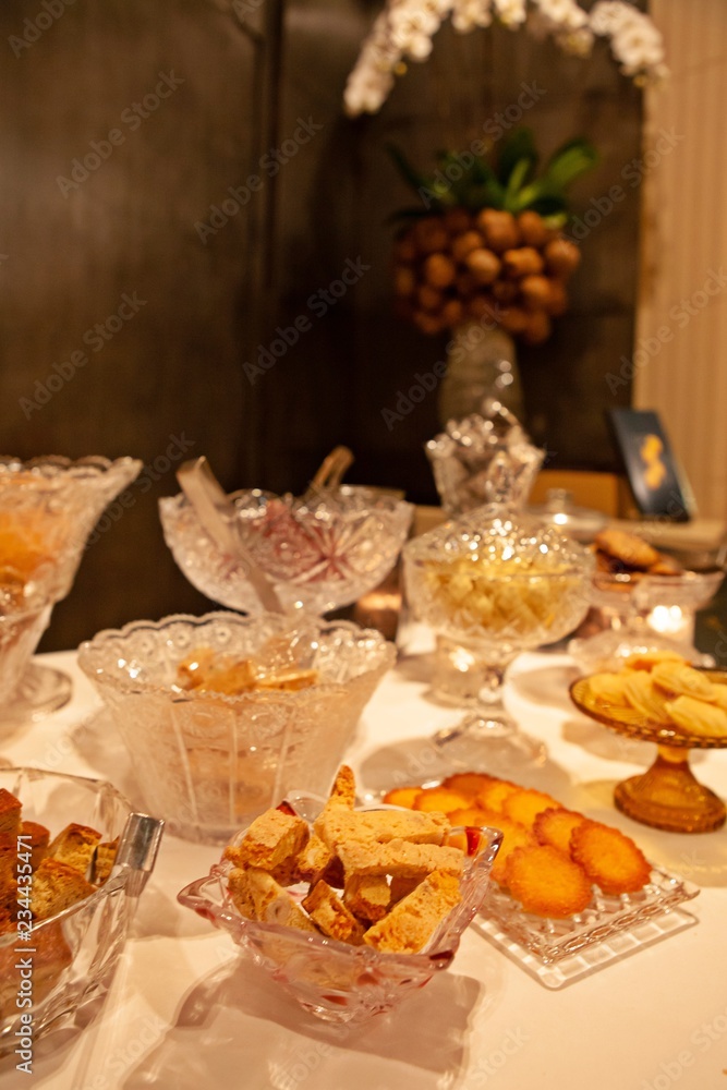 Selection of tasty and delicious cookies and candies made by pastry chef. Sweets heaven. Good for Petit four, afternoon tea or high tea party. Ready for Christmas and Happy New Year celebration.