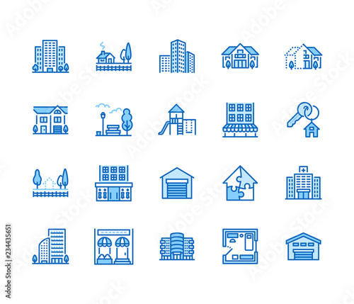 Real estate flat line icons set. House sale, commercial building, country home area, skyscraper, mall, kindergarten vector illustrations. Infrastructure signs. Pixel perfect 64x64. Editable Strokes.