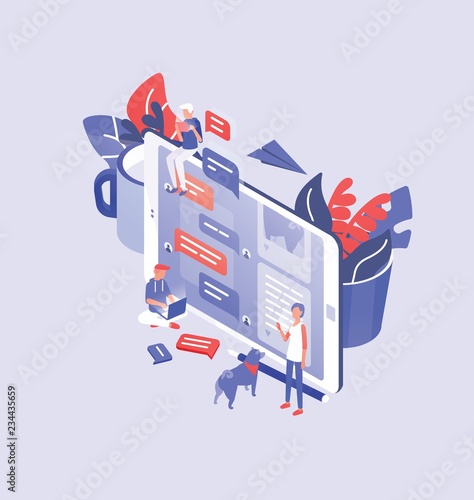 Giant smartphone, tiny men and women around it and place for text. Internet communication, online instant messaging, messengers and social networks. Modern colorful isometric vector illustration.