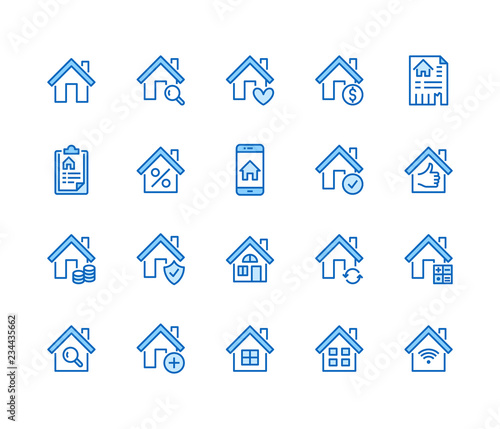 Real estate flat line icons set. House sale, home insurance, mortgage calculator, apartment search app, building renovation vector illustrations. Homepage signs. Pixel perfect 64x64. Editable Strokes.