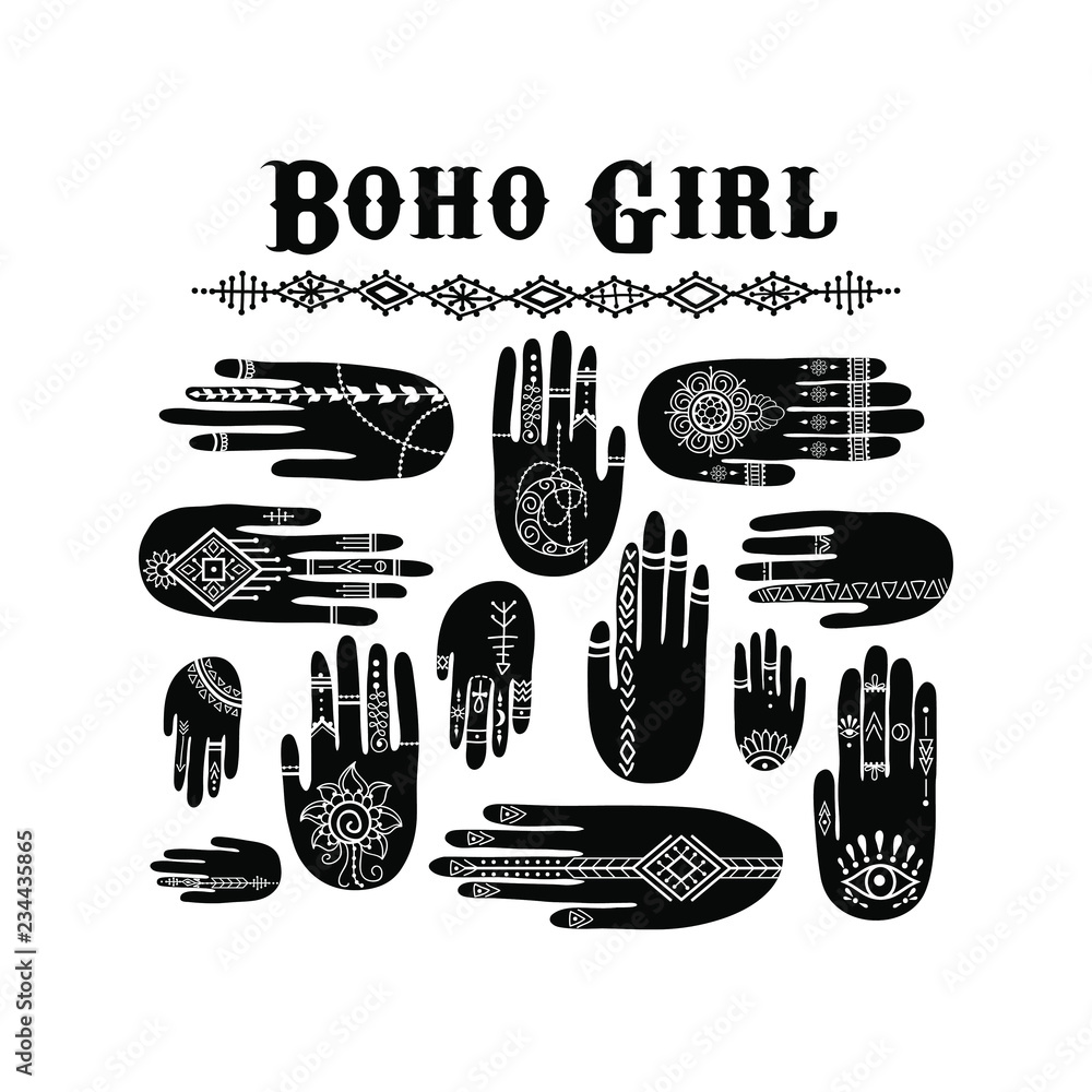 Vector set of henna hands. Mehndi pattern. Boho girl print design