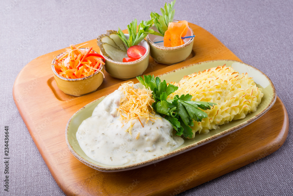 Beef stroganoff served with mashed potatoes Beef stroganoff served with mashed potatoes
