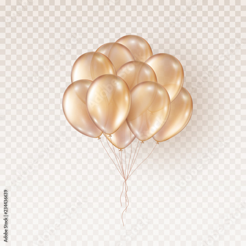 Balloons isolated on transparent background. Vector realistic bunch of helium golden rose birthday baloons template.