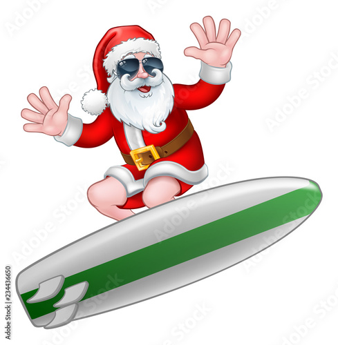 Canvas Print Cool Santa Claus surfing on his board in shades or sunglasses Christmas cartoon