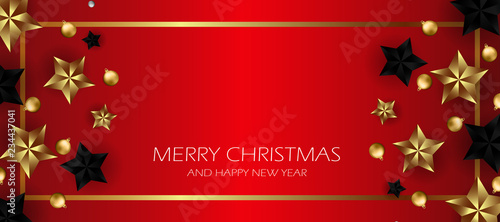 christmas red decoration with star, happy new year red background, vector template to greeting card