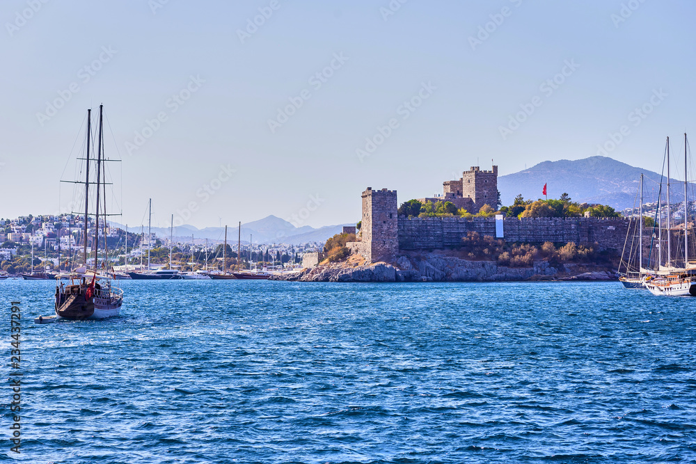 Naklejka premium Yacht on the sea, beautiful bay in Turkey, Bodrum. Aegean coast