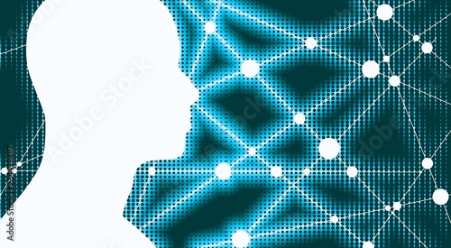 Silhouette of a man head. Mental health relative brochure or report design. Scientific medical background. Halftone texture