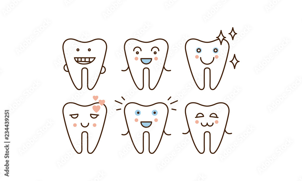 Stomatology and dental line icons set, cute happy health teeth vector Illustration on a white background Stomatology and dental line icons set, cute happy health teeth vector Illustration on a white background