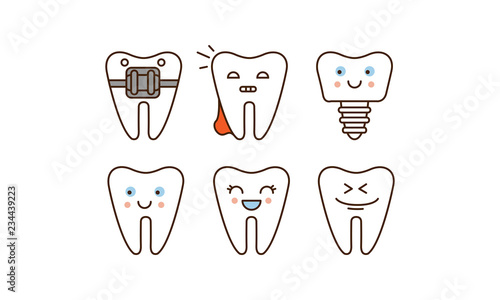 Stomatology and dental line icons set, cute teeth with different facial expressions vector Illustration on a white background