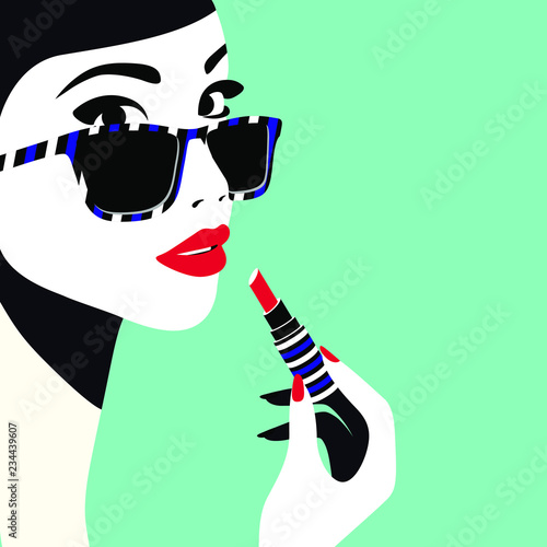 Beautiful woman applying lipstick. High fashion, vogue style. Modern minimal style vector illustration