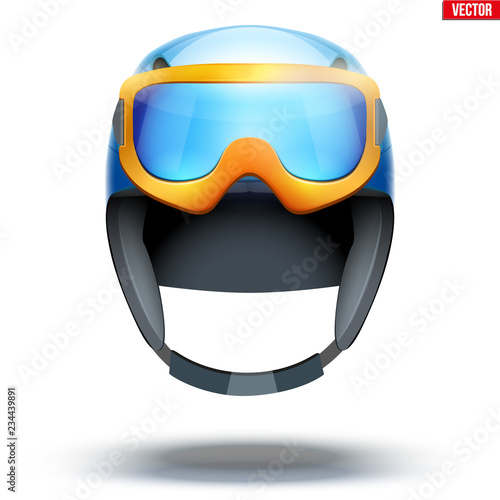 Classic Ski helmet with snowboard goggles. Front view. Winter mountain vacation. Vector isolated on white background