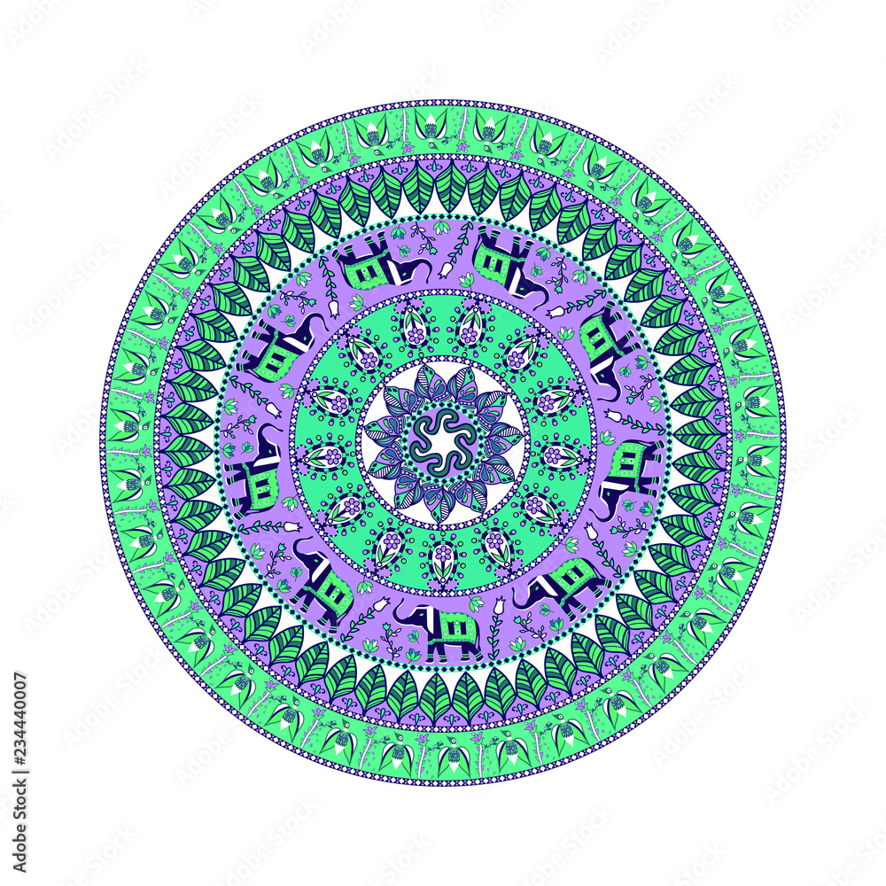 Obraz premium Vector ornamental mandala, tribal pattern with many details: birds, elephants, leaves, flowers, and more. Arabic, indian, african motif for background, cards, logo, banner, label, t-shirt, etc