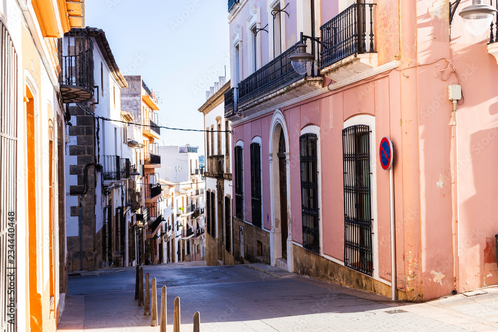 Mediterranean architecture in Spain. Cozy streets of the old town of Xavia or Javea.