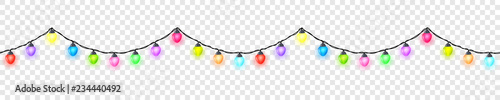 Seamless festive bright colored glowing garland without background , Christmas decorations