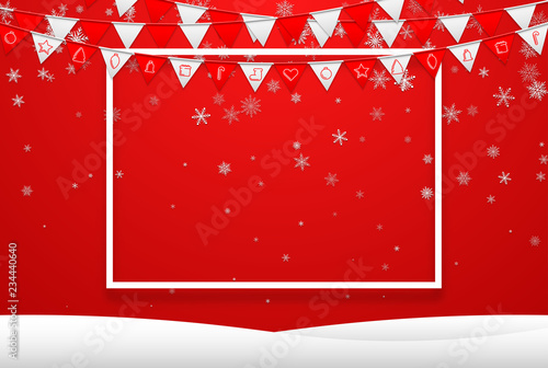 Red festive poster with frame, flags and snow. Template for winter or Christmas design.