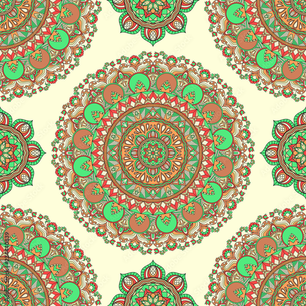 Vector seamless mandala pattern. Mandala design with combination of flowers, leaves, waves, geometric elements. Repeating ethnic print. Arabic, indian, asian, african motif. Mandala art. Boho chic. 