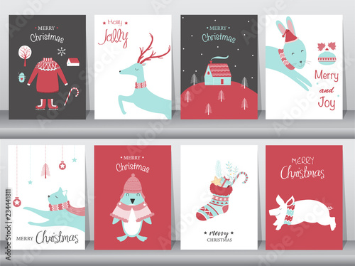 Set of cute Merry christmas  background with cute animal and christmas Tree,Lovely cartoon background with holiday symbols,Vector illustrations