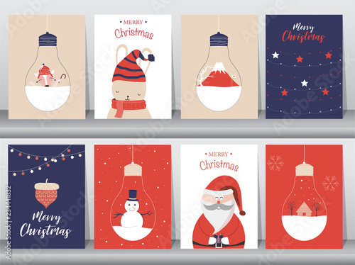 Set of cute Merry christmas  background with cute animal and christmas Tree,Lovely cartoon background with holiday symbols,Vector illustrations