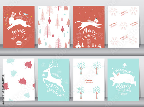 Set of cute Merry christmas  background with cute animal and christmas Tree,Lovely cartoon background with holiday symbols,Vector illustrations