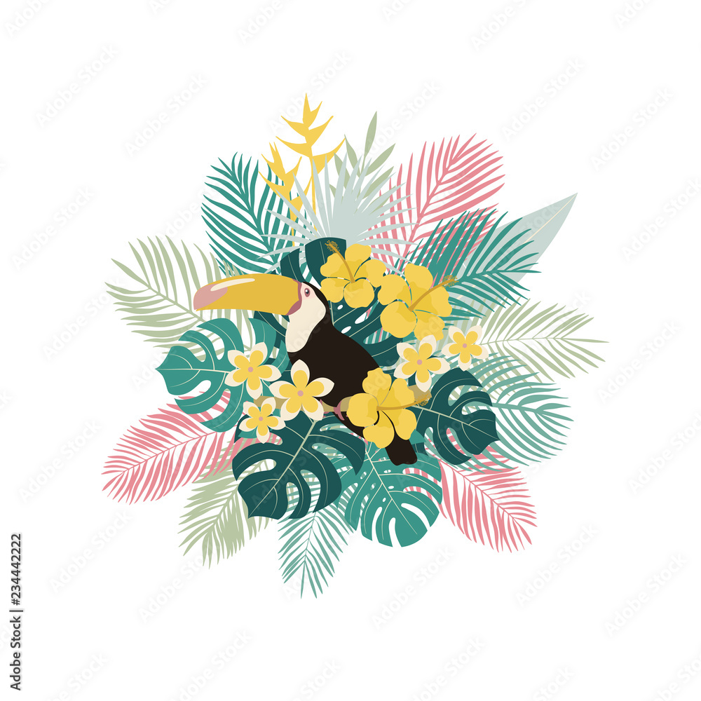 Tropical card. Toucan, palm leaves, tropical plants, flowers. Vector illustration. Tropical card. Toucan, palm leaves, tropical plants, flowers. Vector illustration.