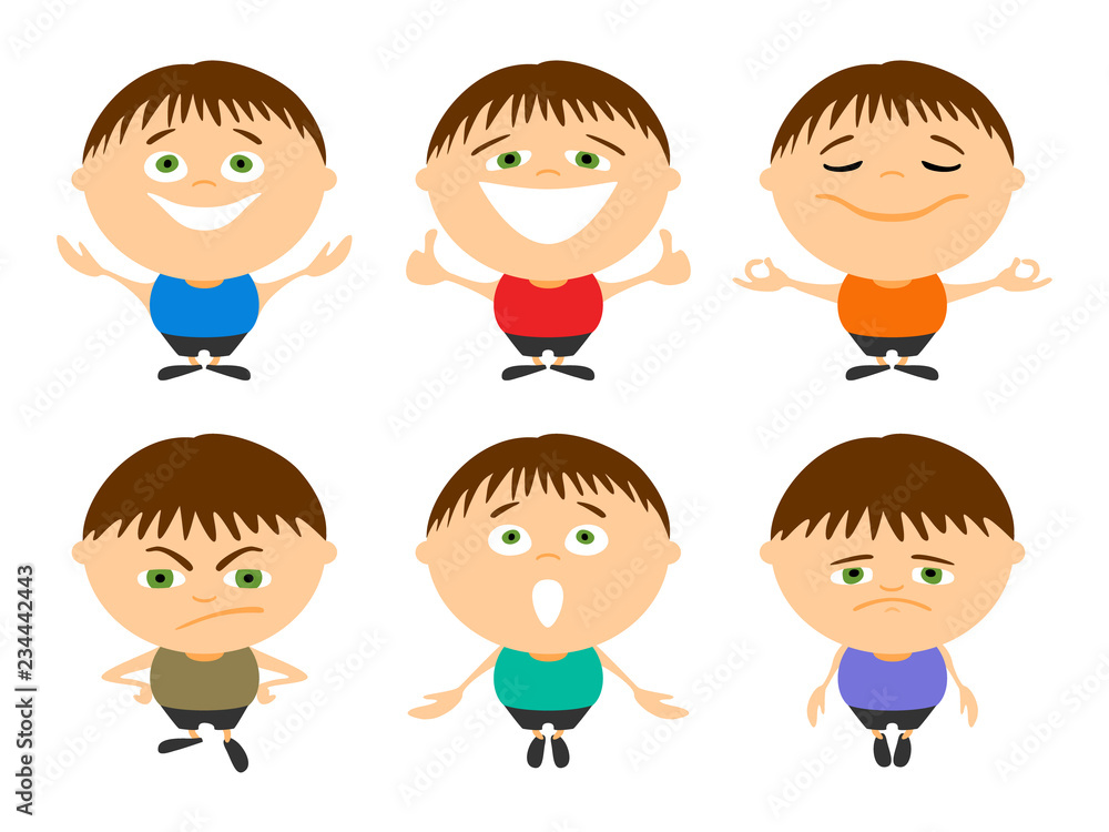 Set of cartoon young man with different emotions in various poses. Collection of cute character for using in presentations. Set of cartoon young man with different emotions in various poses. Collection of cute character for using in presentations.