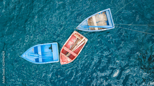 Drone aerial view of old wooden fishing boats