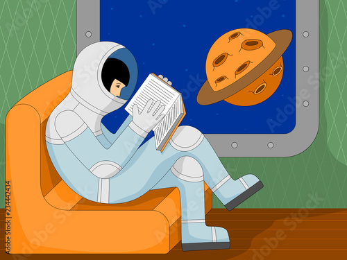 Concept of space tourism. Girl in a spacesuit reading a book in an interstellar train.