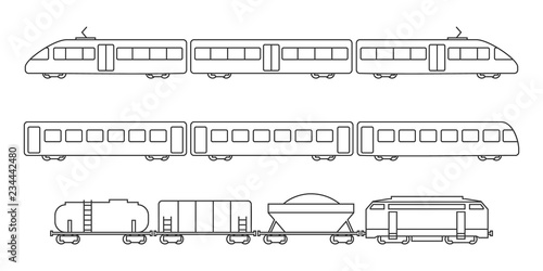Vector collection of rail transport silhouettes. Passenger and freight transport set of wagons and locomotives. photo