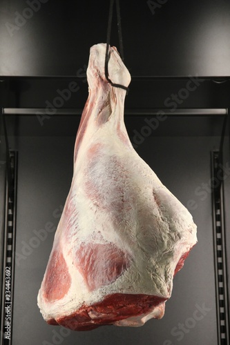 Whole raw premium leg of ham or leg of pork on display at a gourmet butchery. Concept of organic meat production and ecological pig farming and processing. Sustainable pork farming without Antibiotics
