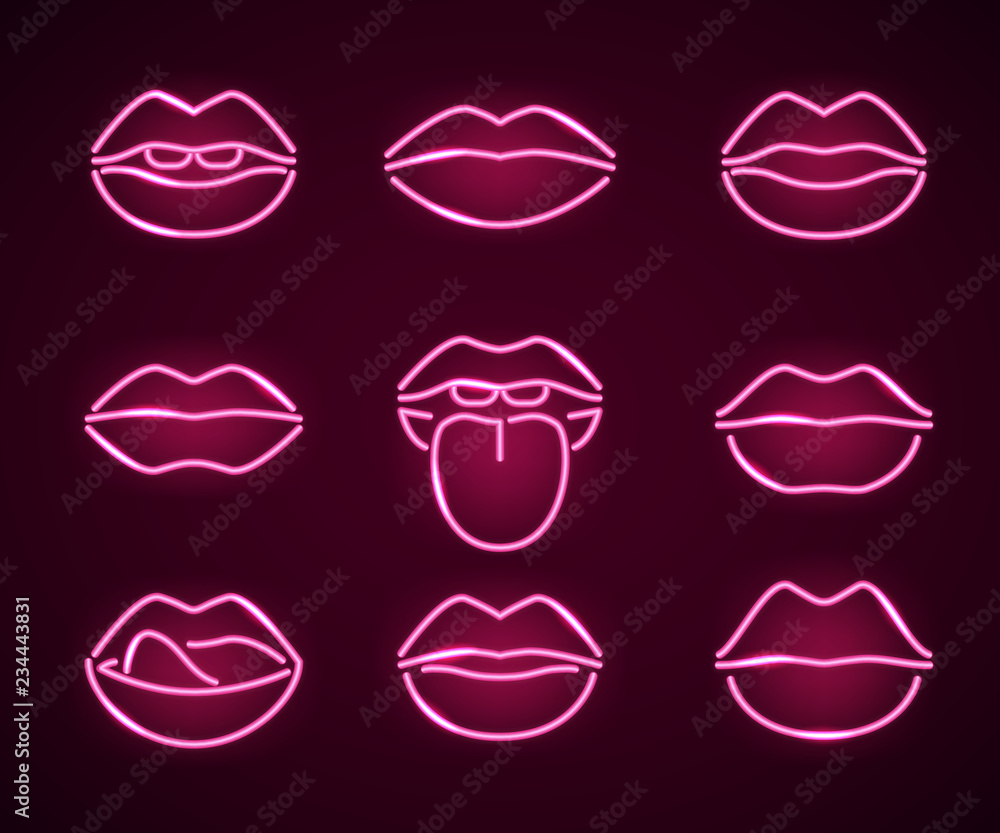 Fototapeta premium Lips Neon Signs Thin Line Icon Set. Vector