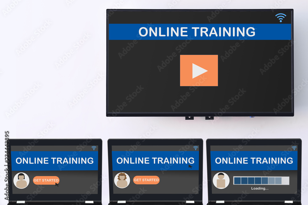 Online training screen on computer and smart TV digital hanging on ...