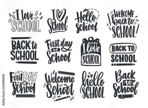 Fotografie Set of Back to School lettering handwritten with elegant calligraphic font and decorated with stationary or writing tools