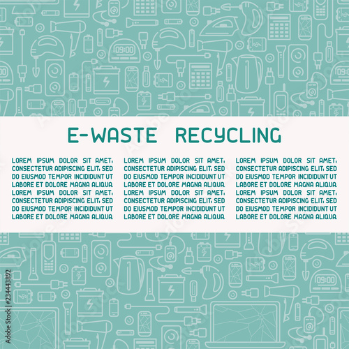 E-waste ready concept info poster with old appliances and inscription. Line style vector illustration. There is place for your text