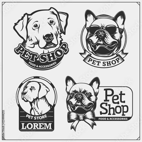 Emblems with dogs portrait for Pets Shop. Cute friendly pets characters. French Bulldog and Golden Retriever. Dogs labels, badges, icons and design elements.