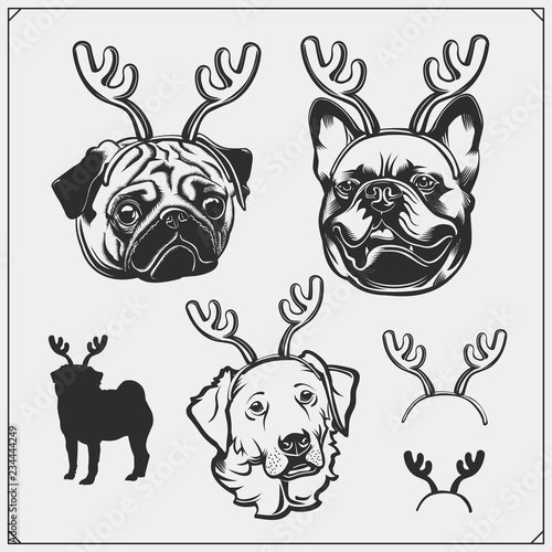 Cute dogs portrait with Christmas antlers. French Bulldog, Pug and Golden Retriever with reindeer horns. Print design for t-shirts.