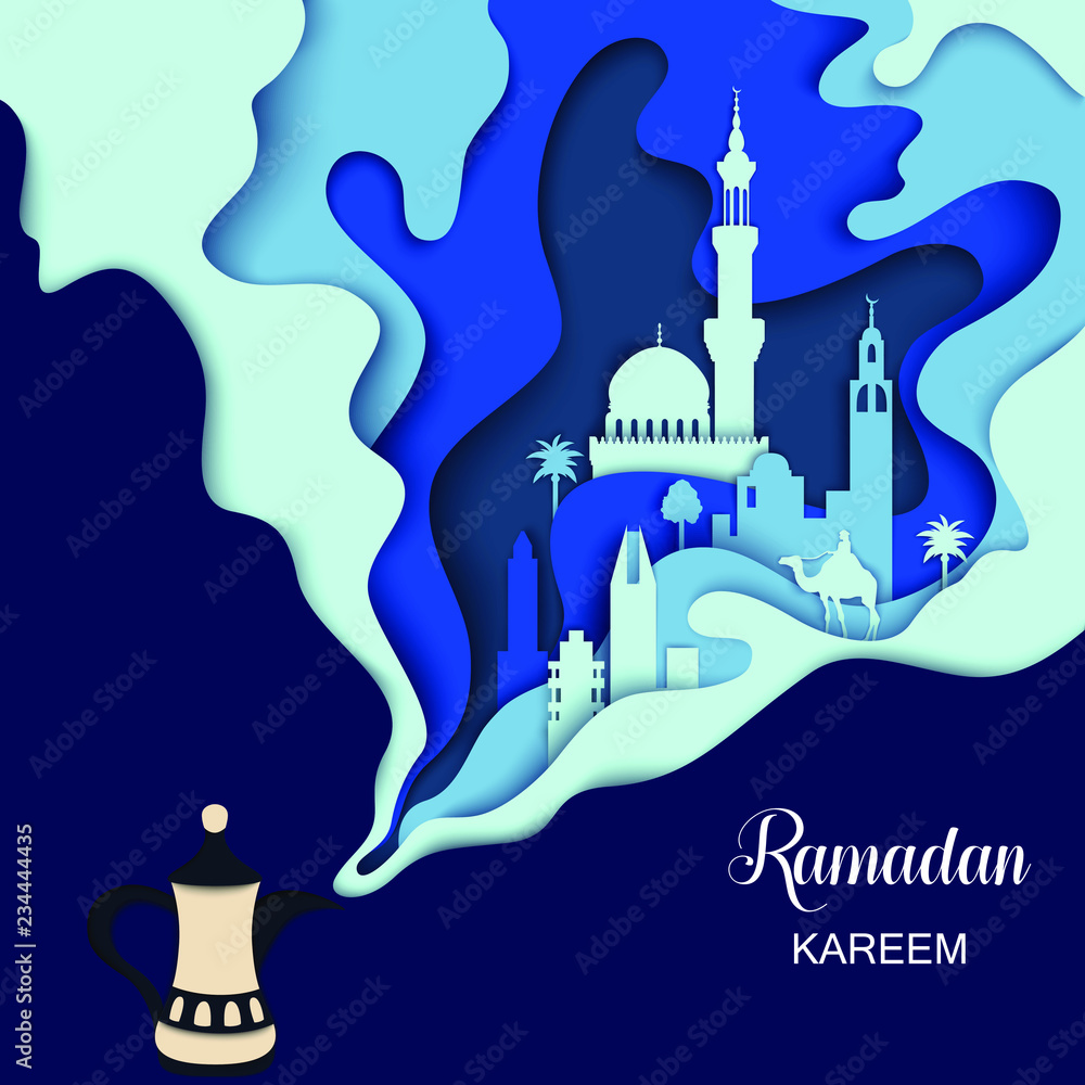 Vector traditional Ramadan symbol, arab tea pot. Kettle steam has the ...
