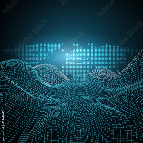 3D Abstract Virtual Landscape, Cyberspace Grid, Network Design with Spotted World Map - Technology Background, Vector Illustration