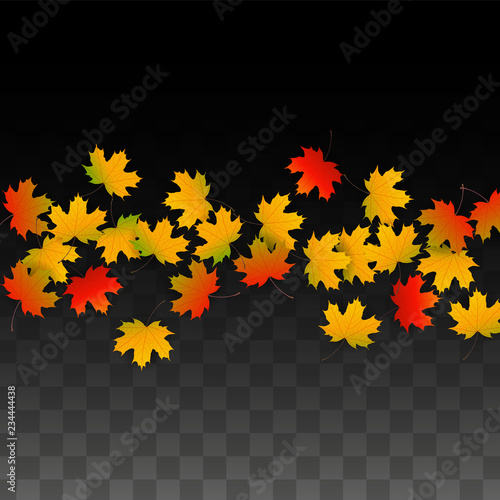 September Vector Background with Golden Falling Leaves. Autumn Illustration with Maple Red, Orange, Yellow Foliage. Isolated Leaf on Transparent Background. Bright Swirl. Suitable for Posters.