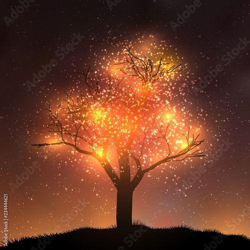 Magic tree illustration. Tree silhouette on hill with shiny stars - magic colored folliage