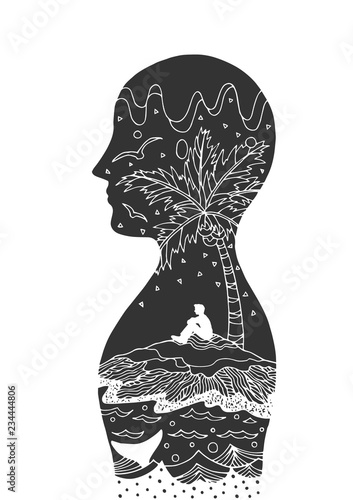 human head spirit power energy connect to the universe vector abstract art illustration design hand drawing