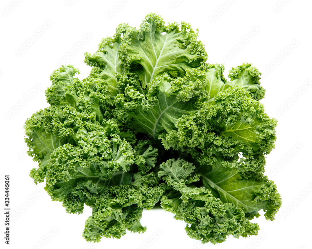 Foto Stock Fresh green organic kale leaves isolated on white. | Adobe Stock