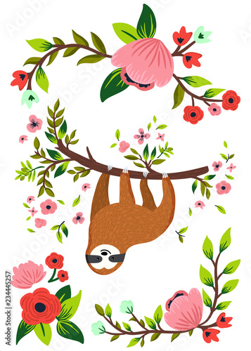 Vector cute sloth hanging on the tree. Funny baby sloth, flowers, branch. Cartoon animal illustration for invitation, greeting card, brochure, poster etc