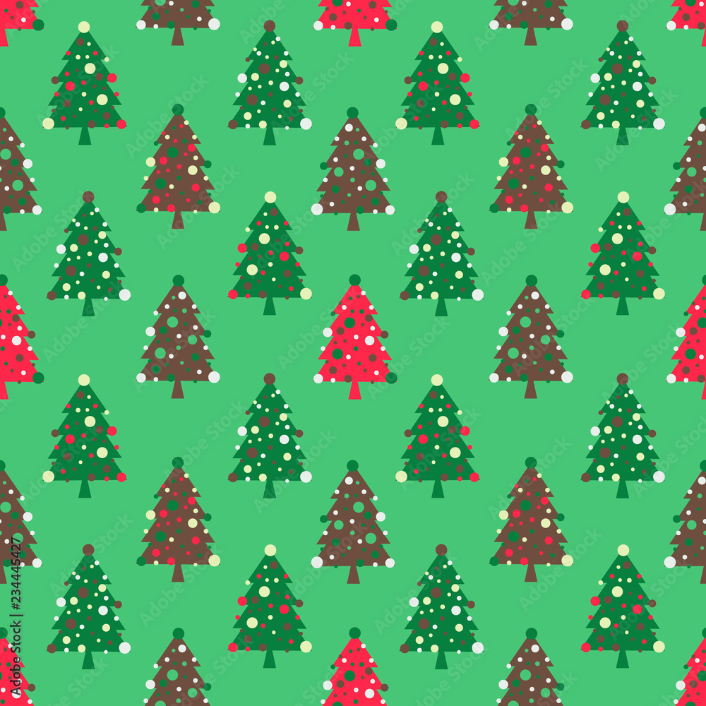 Seamless pattern with christmas trees and xmas balls, vector