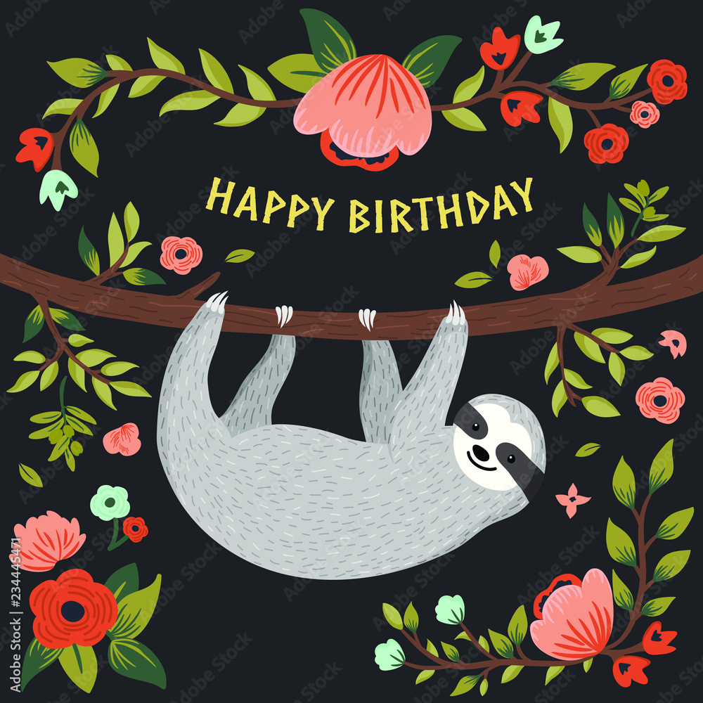 Vector Happy Birthday card with cute sloth on the tree. Funny sloth